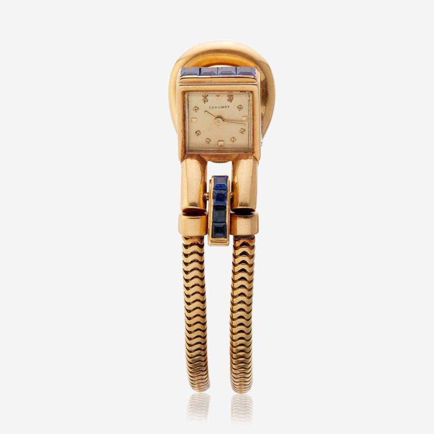 An eighteen karat gold and synthetic sapphire bracelet watch, Chaumet France, circa 1940s