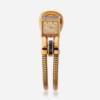 An eighteen karat gold and synthetic sapphire bracelet watch, Chaumet France, circa 1940s