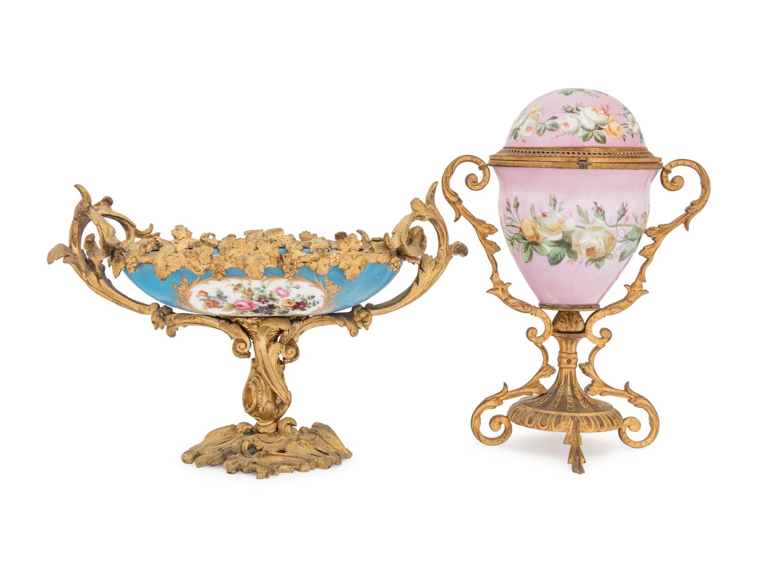 Two Sèvres Style Gilt Bronze Mounted Porcelain Articles
