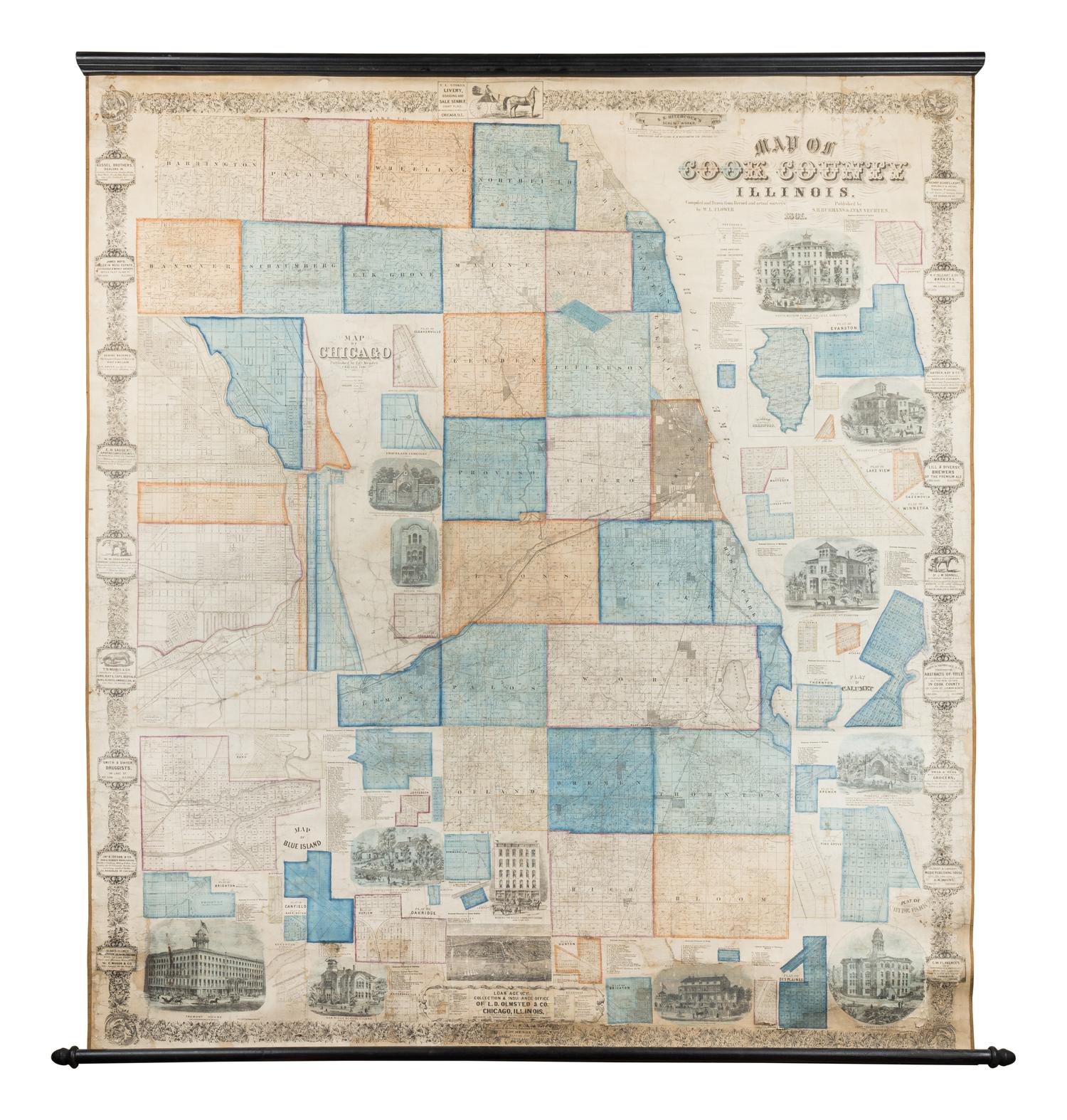 FLOWER, W. L. Map Of Cook County Illinois . [Chicago: S. H. Burnhams and J. Van Vechten, 1862].