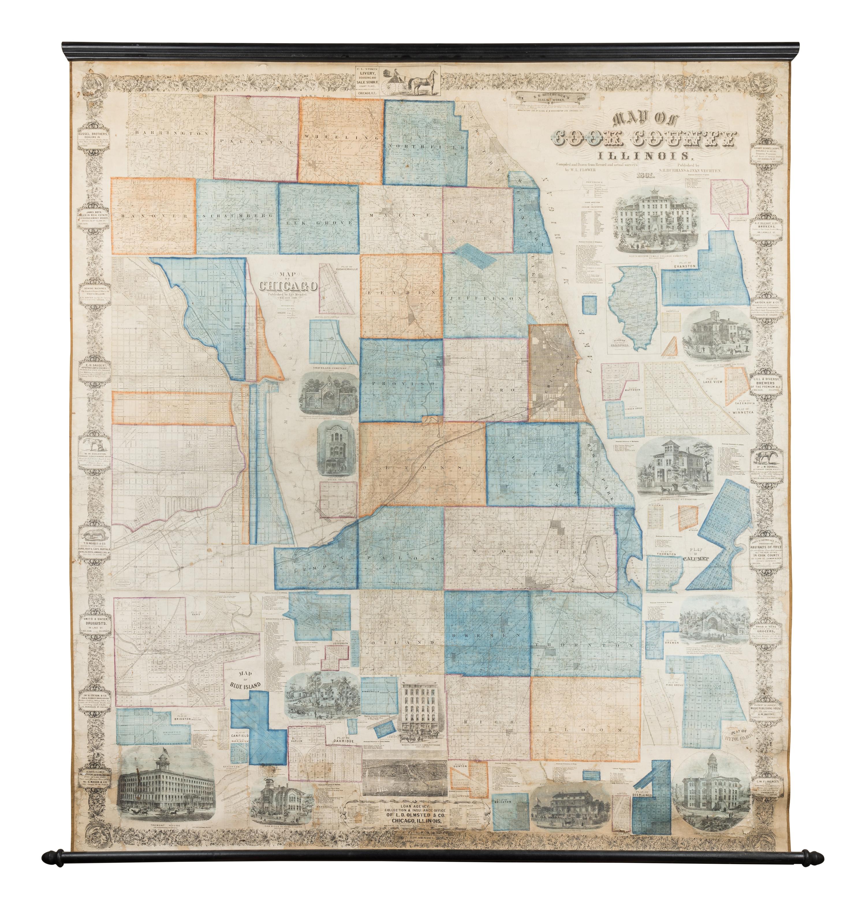 FLOWER, W. L. Map Of Cook County Illinois . [Chicago: S. H. Burnhams and J. Van Vechten, 1862].
