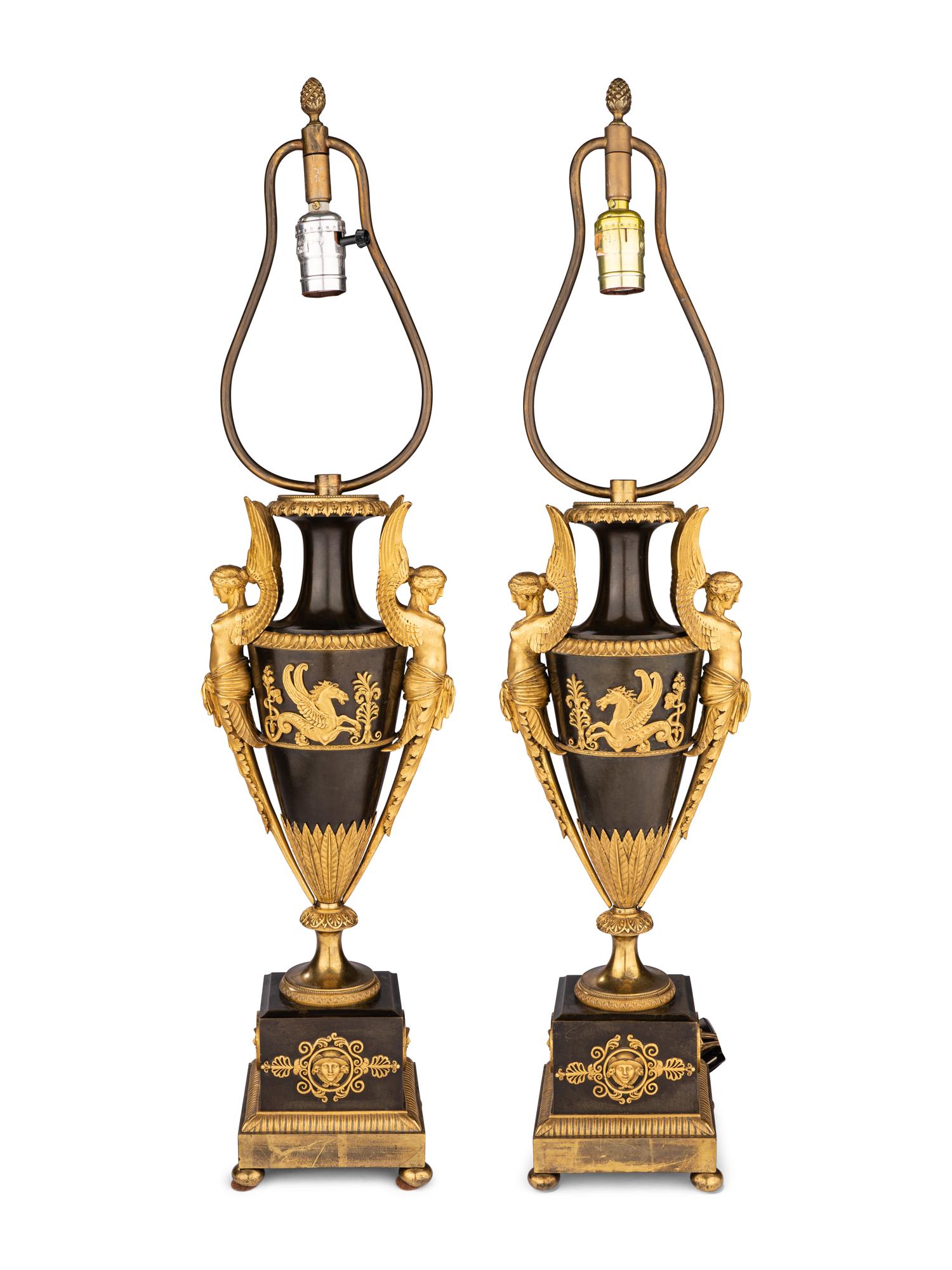 A Pair of Directoire Ormolu and Patinated Bronze Urns