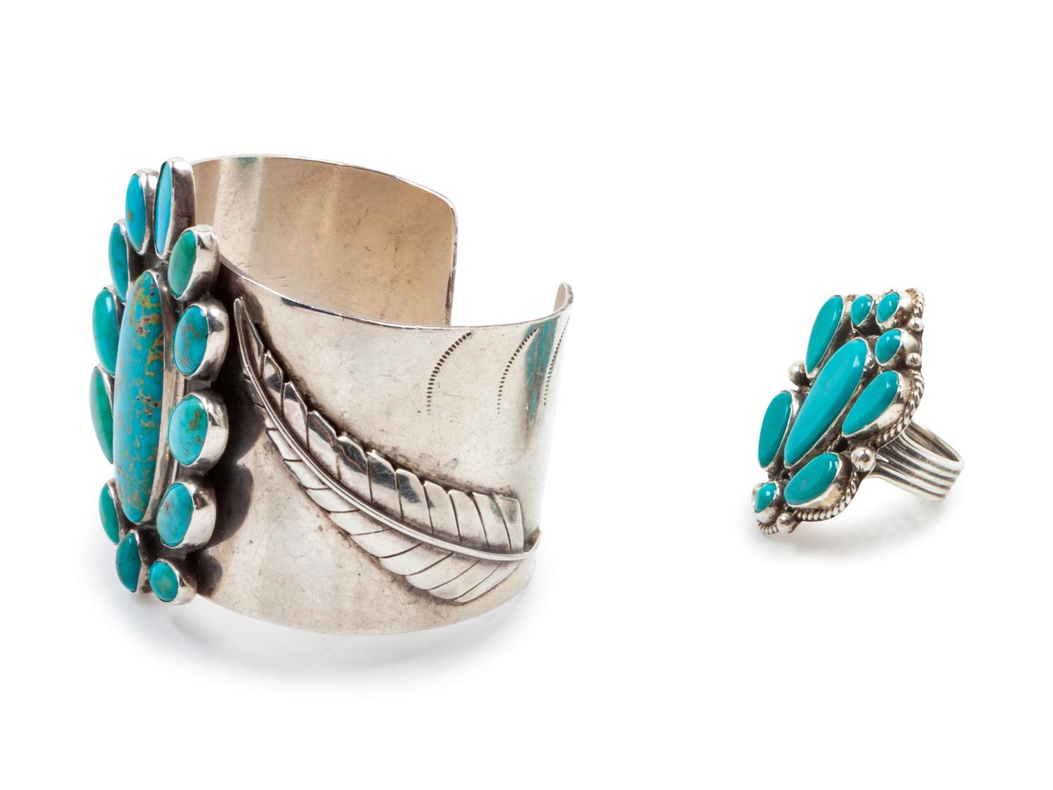Large Silver and Turquoise Cuff with applied leaves, together with turquoise ring