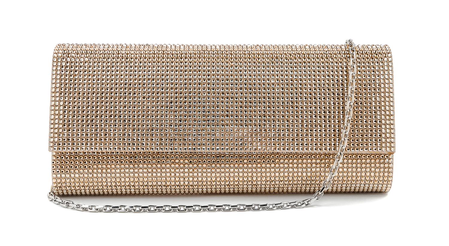 A Judith Leiber Champagne Ritz Fizz Envelope Bag, 3.8" x 8.5" x 1.5"; Strap drop: 9.5".