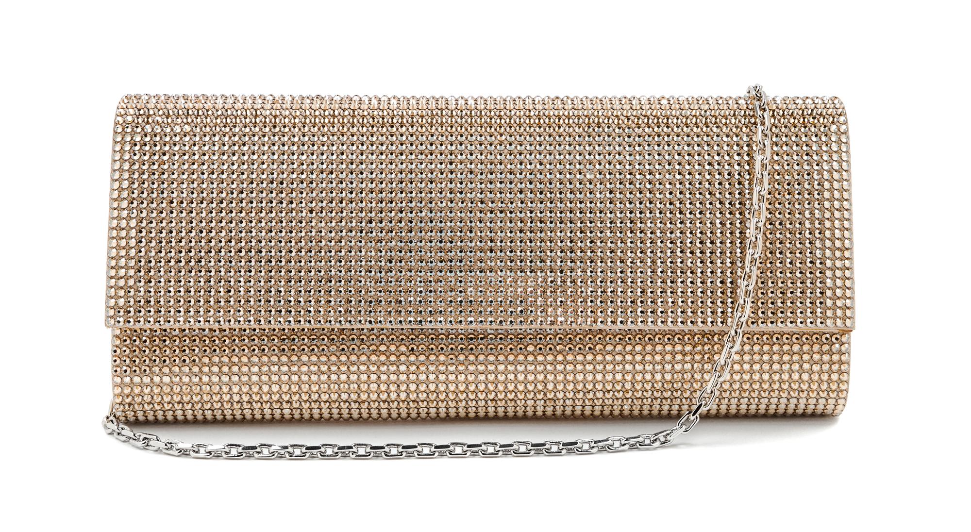 A Judith Leiber Champagne Ritz Fizz Envelope Bag, 3.8" x 8.5" x 1.5"; Strap drop: 9.5".