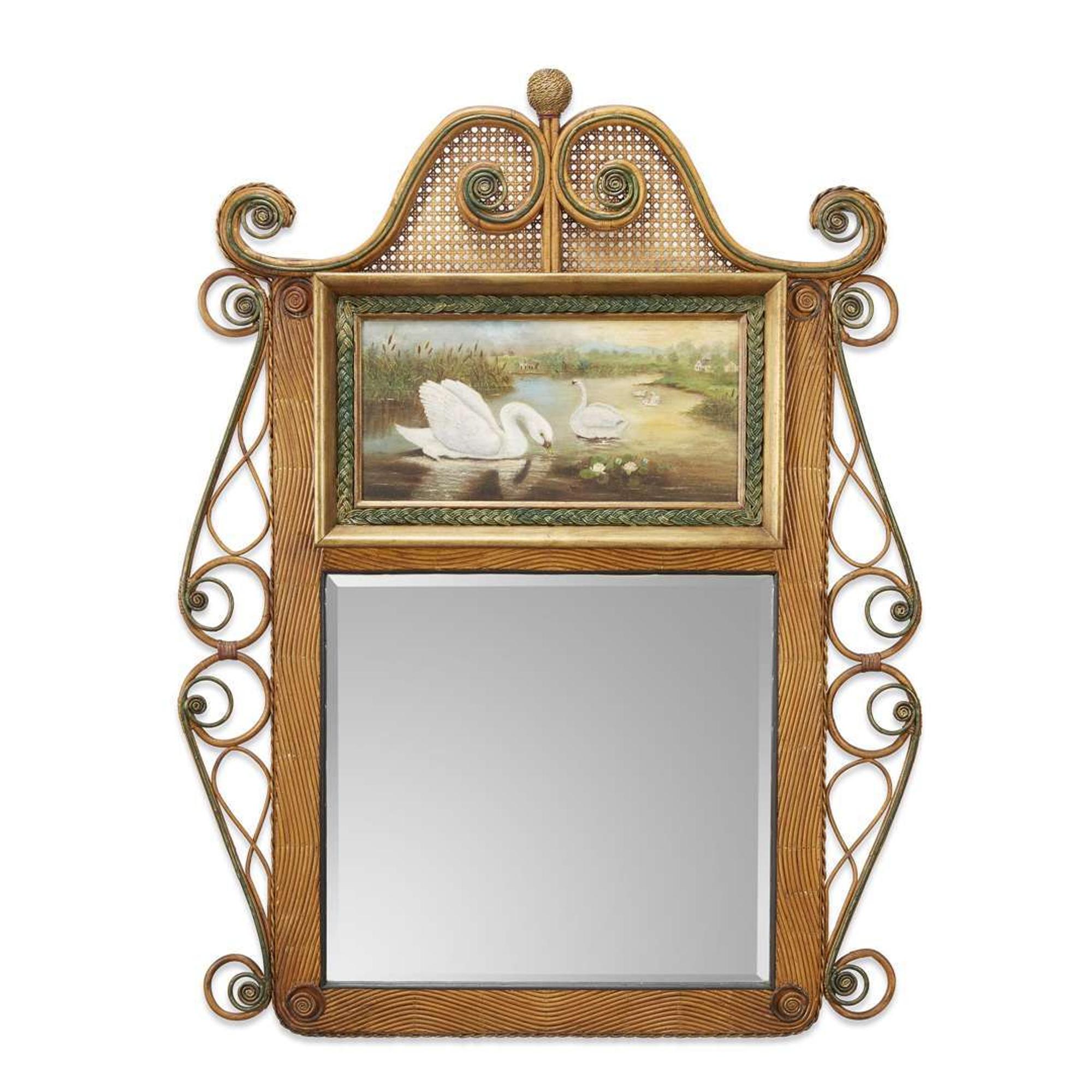A large polychrome painted rattan and cane mirror with swans american, circa 1900