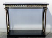 A Neoclassical Style Ebonized and Parcel Gilt Console Table Height 33 1/2 x width 40 x depth 15 inches.