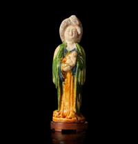 A very rare Chinese small sancai-glazed pottery figure of a woman and baby 珍罕仕女抱婴唐三彩 Tang dynasty ?