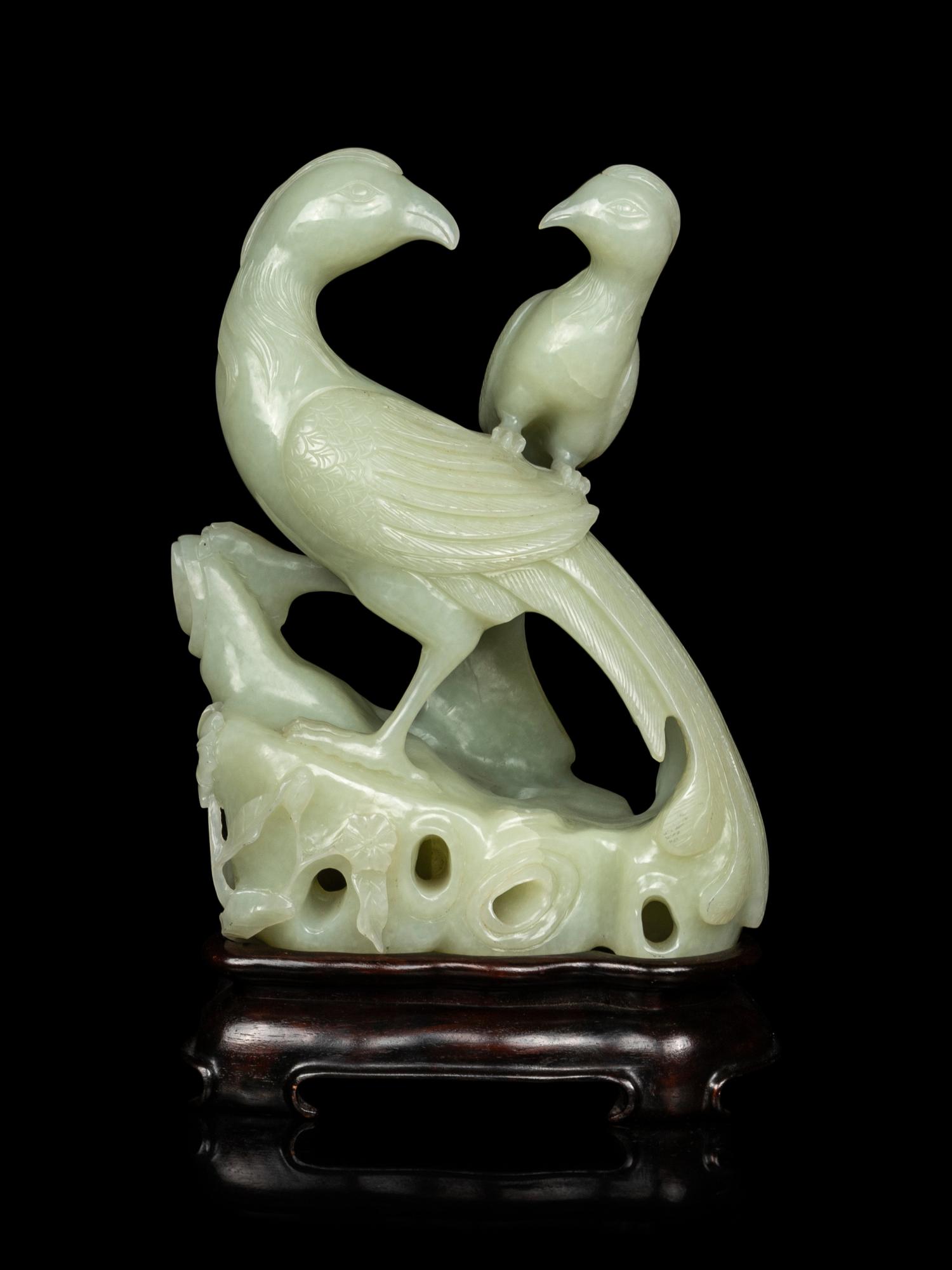 A Chinese Pale Celadon Jade Carving of Birds