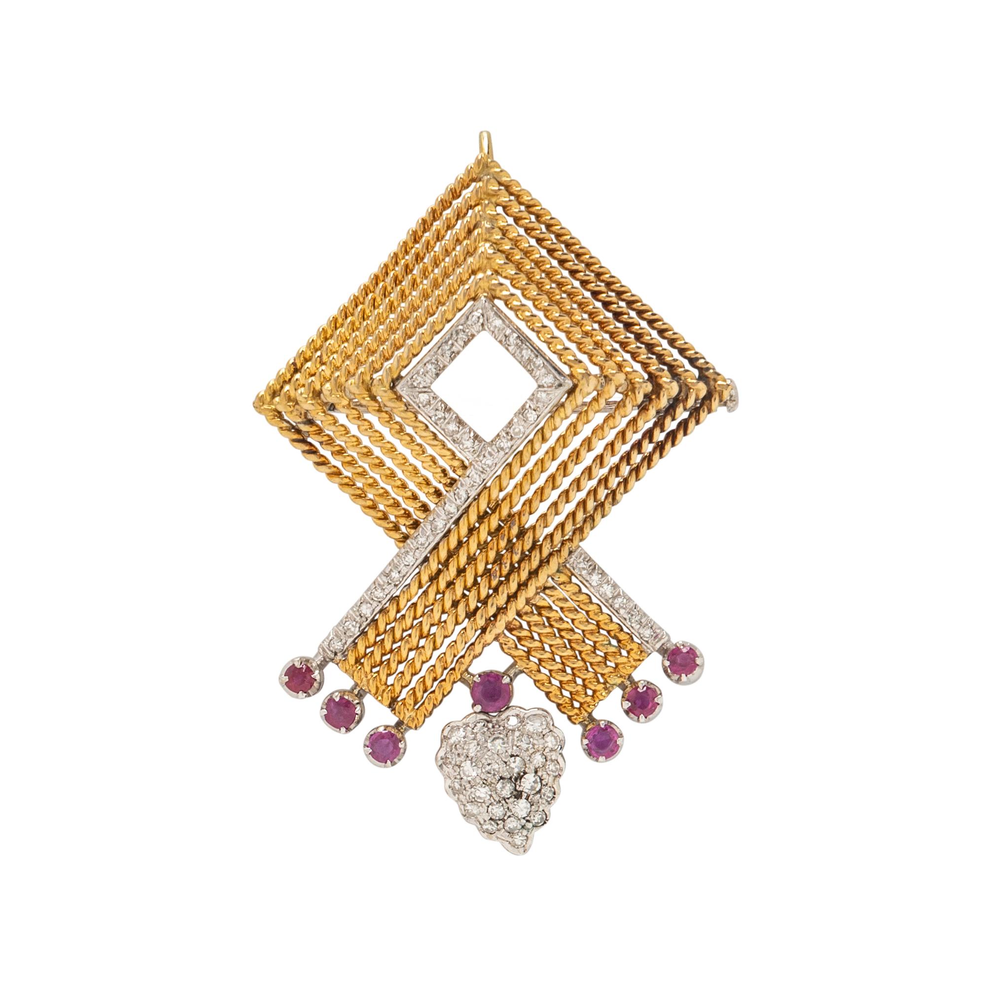 BICOLOR GOLD, RUBY AND DIAMOND PENDANT/BROOCH