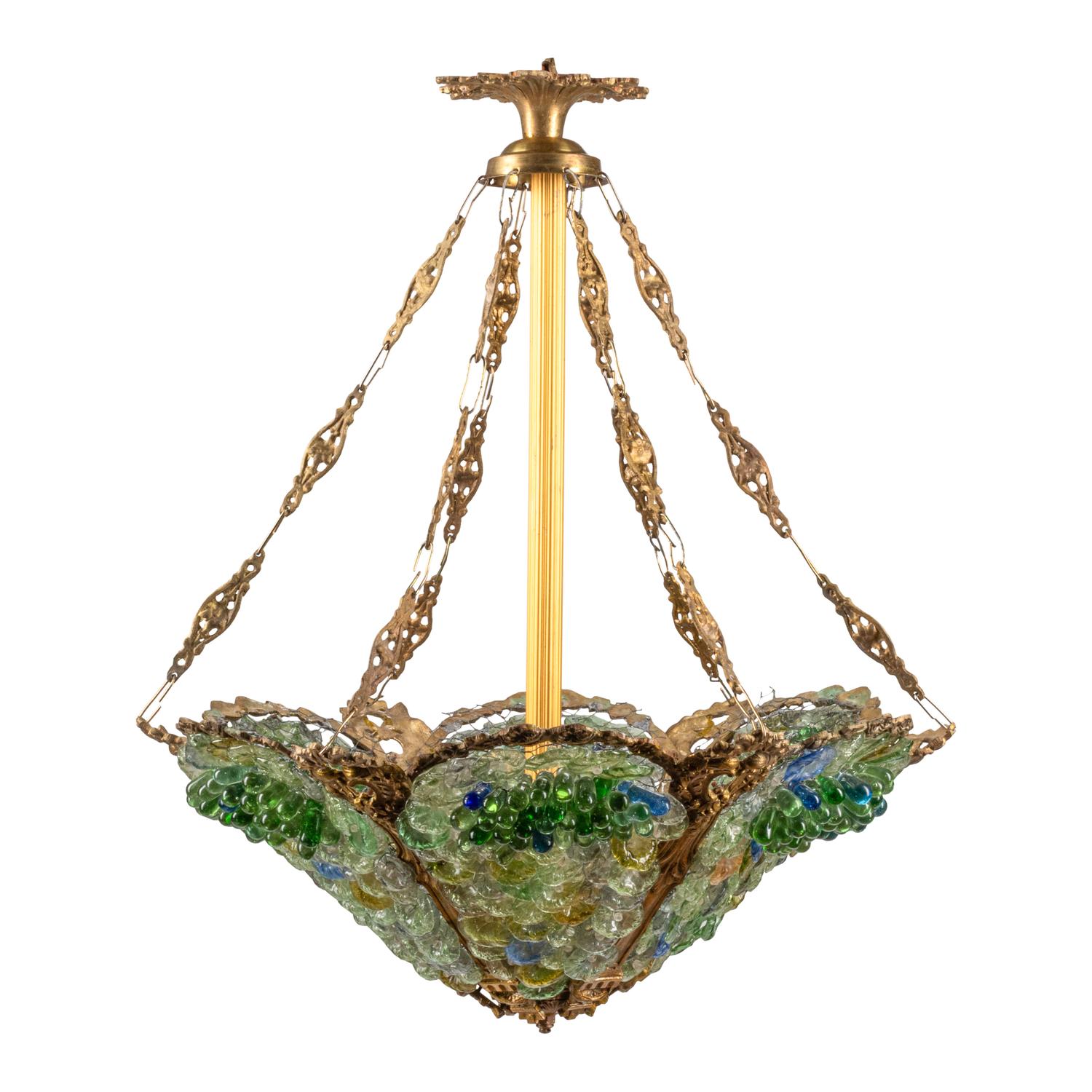 A Pair of Gilt Bronze and Colored Glass Hexagonal Chandeliers