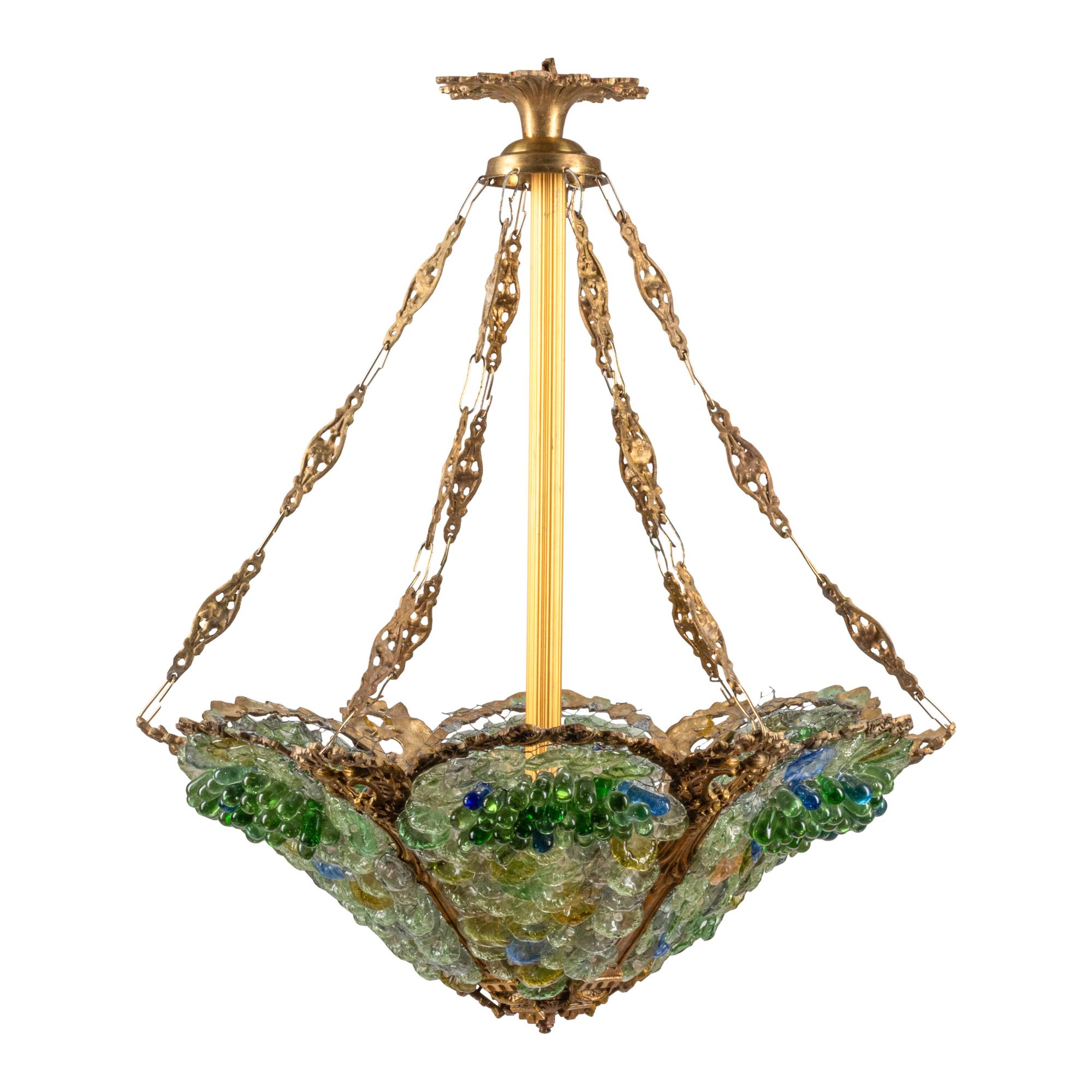 A Pair of Gilt Bronze and Colored Glass Hexagonal Chandeliers