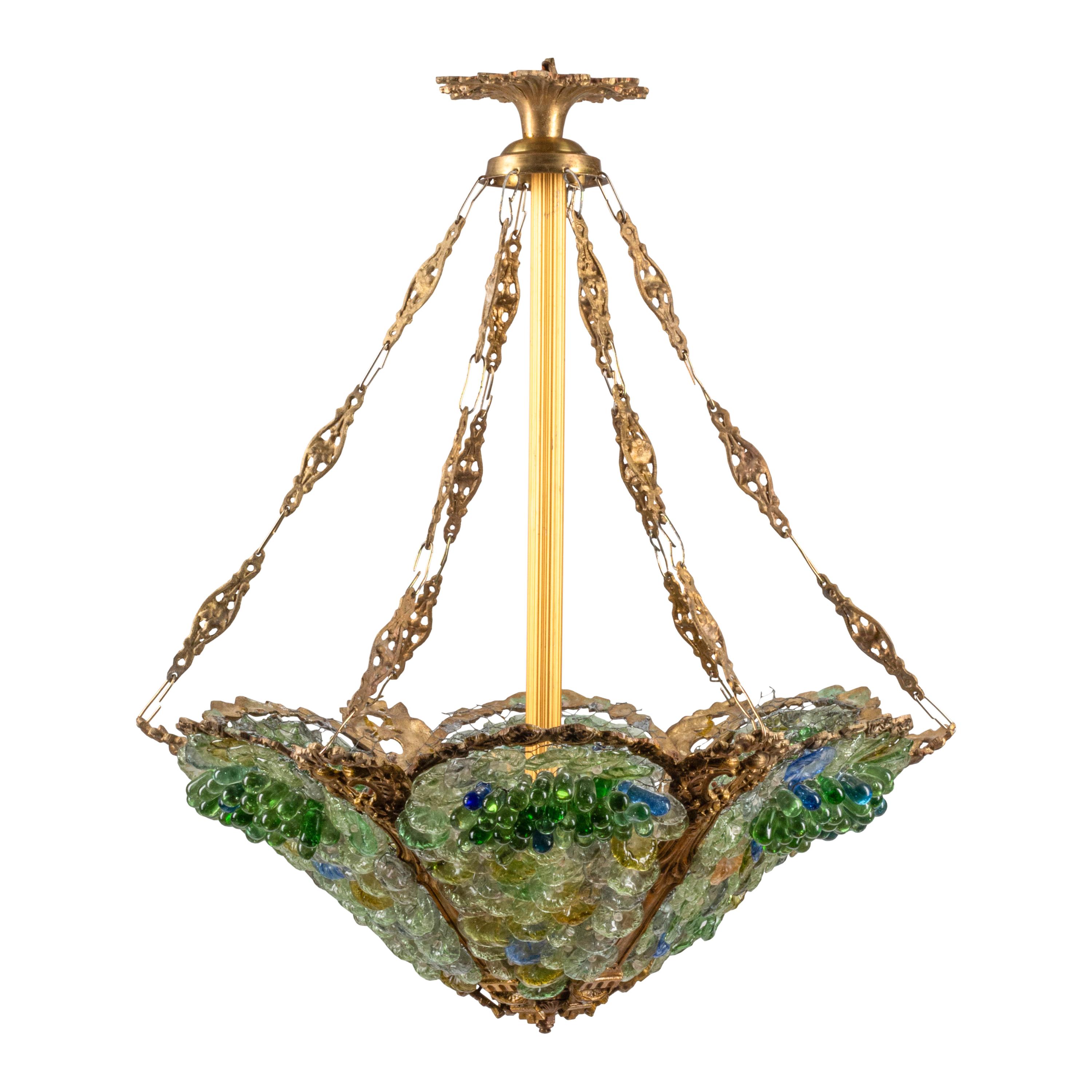 A Pair of Gilt Bronze and Colored Glass Hexagonal Chandeliers