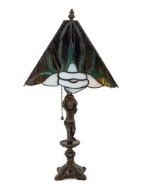 An American Leaded Glass and Cast Metal Figural Lamp