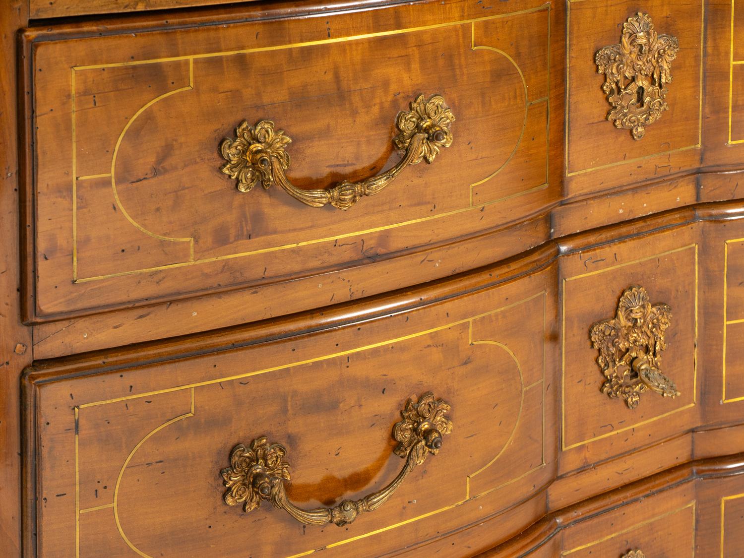 A Louis XIV Style Brass Inlaid Walnut and Gilt Bronze Mounted Commode