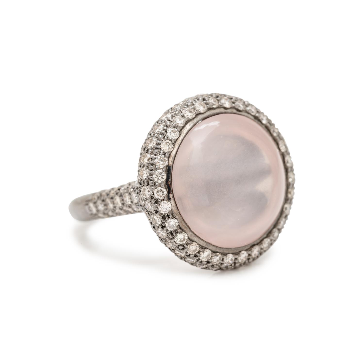 ROSE QUARTZ, DIAMOND, AND STERLING SILVER RING