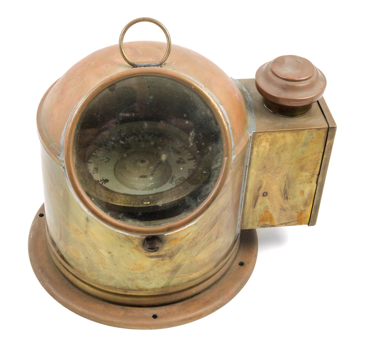 A Brass Cased Ship's Binnacle Height 8 x width 10 1/2 inches. — SESTREL, LATE 19TH CENTURY