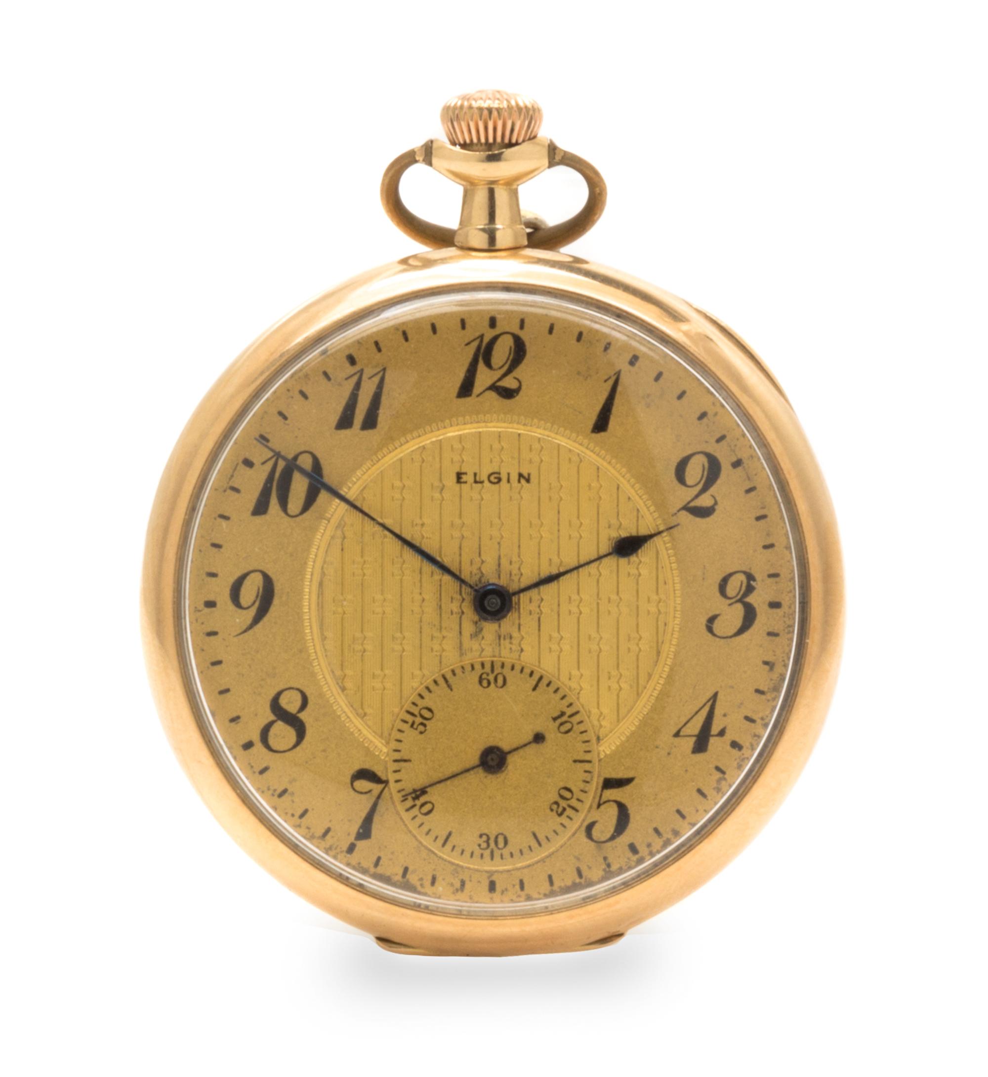 A 14 Karat Yellow Gold Open Face Pocket Watch, Elgin, Circa 1918