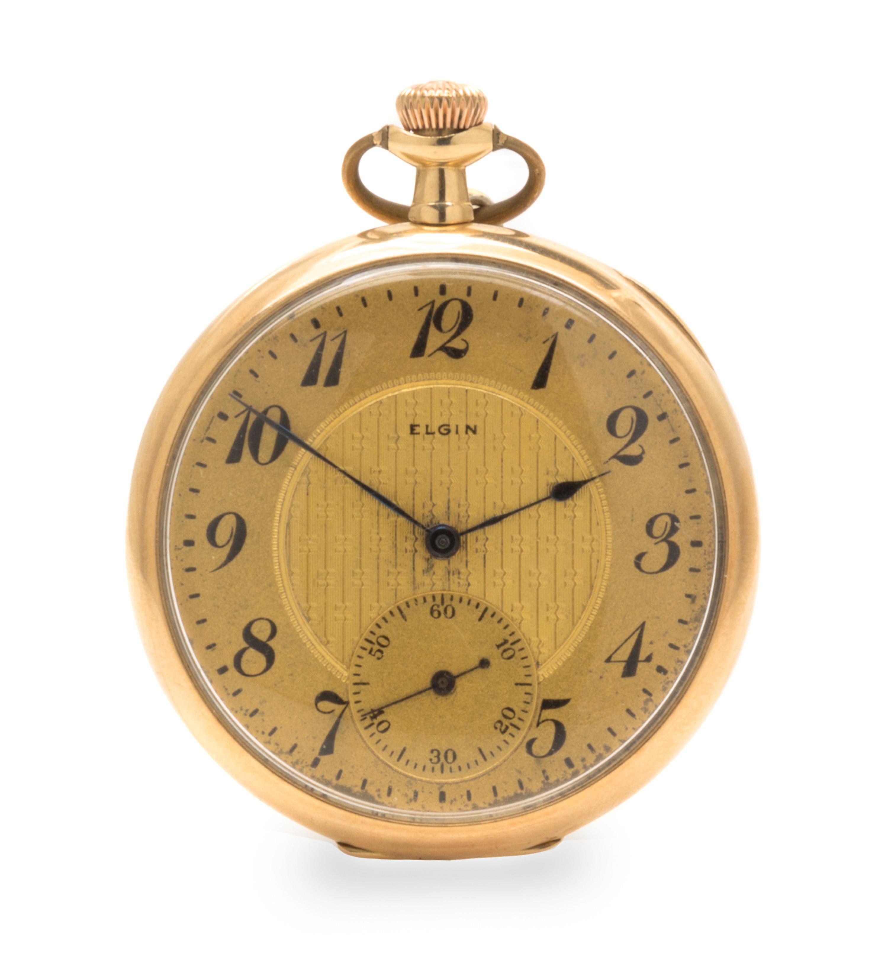 A 14 Karat Yellow Gold Open Face Pocket Watch, Elgin, Circa 1918