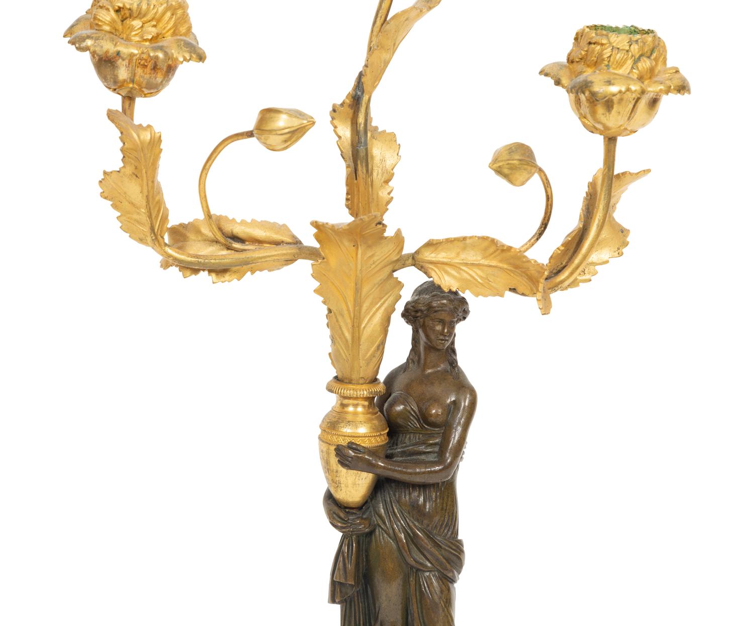 A Pair of Lous XVI Style Gilt and Patinated Bronze and Marble Figural Candelabra