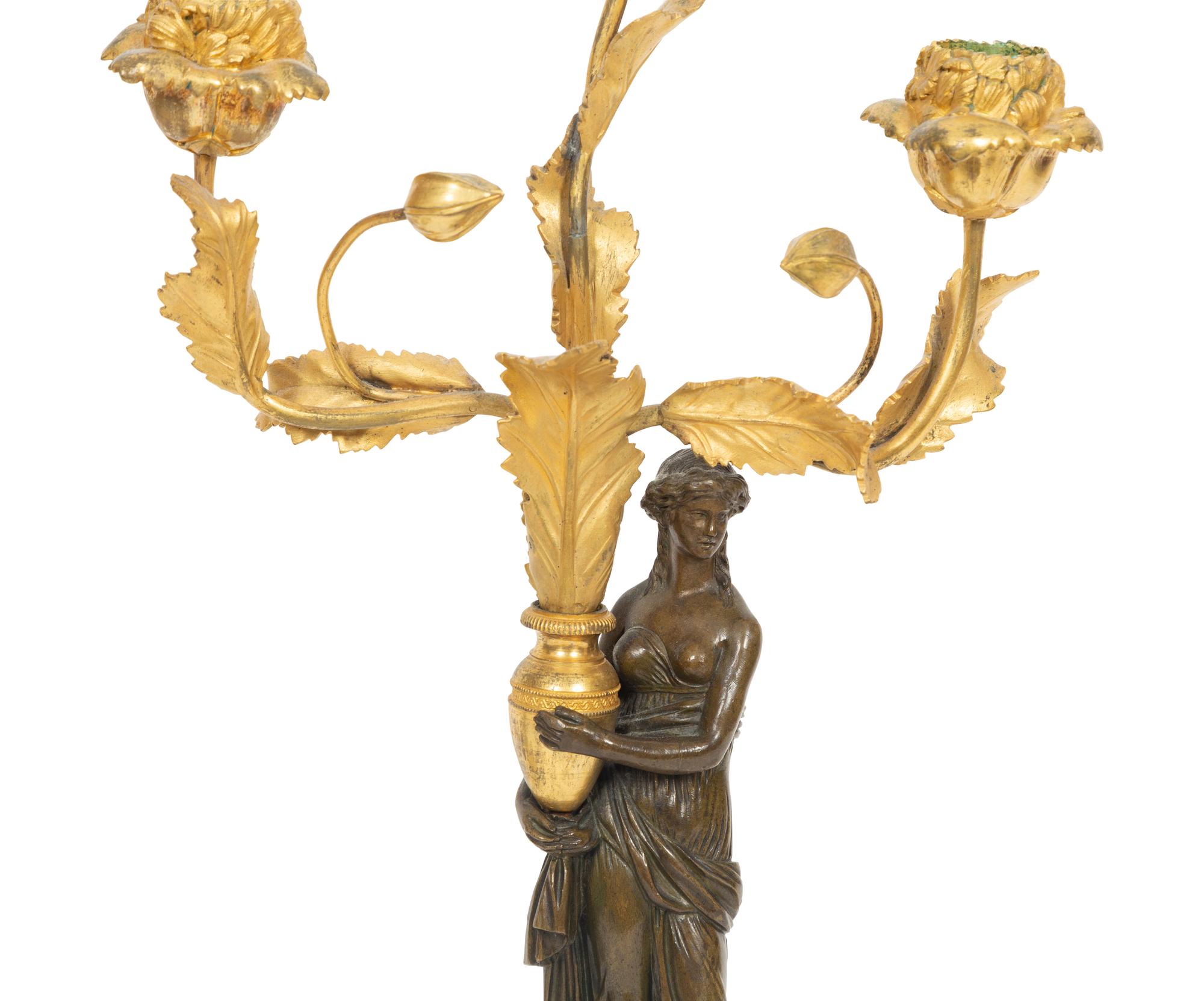 A Pair of Lous XVI Style Gilt and Patinated Bronze and Marble Figural Candelabra