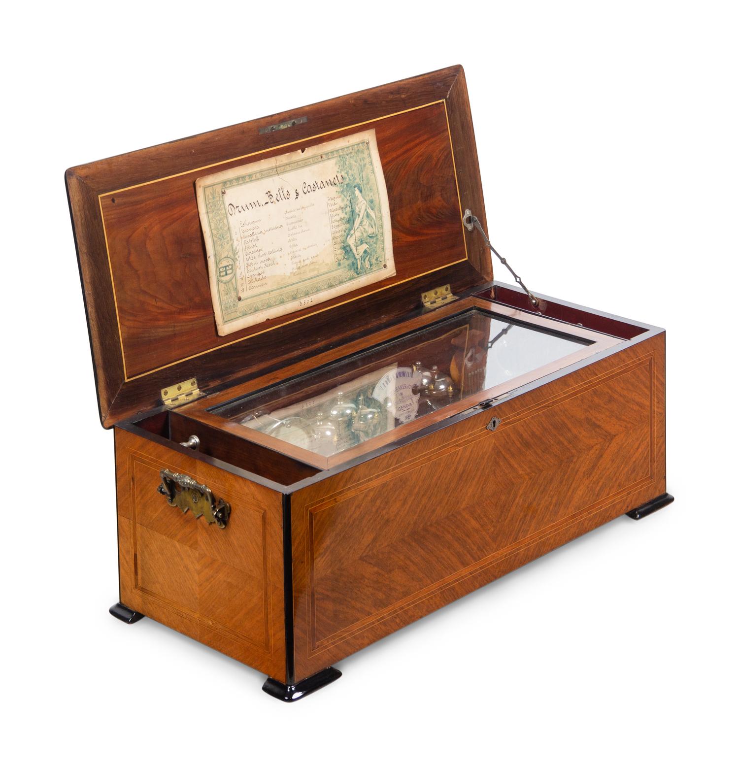 A Swiss Inlaid and Parcel Ebonized Mahogany Cylinder Music Box
