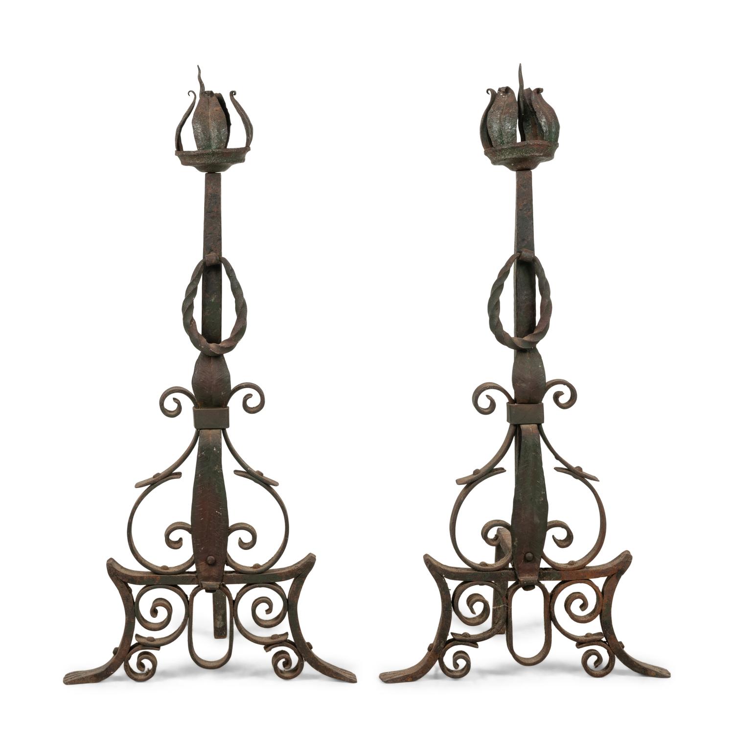 A Pair of Continental Iron Andirons