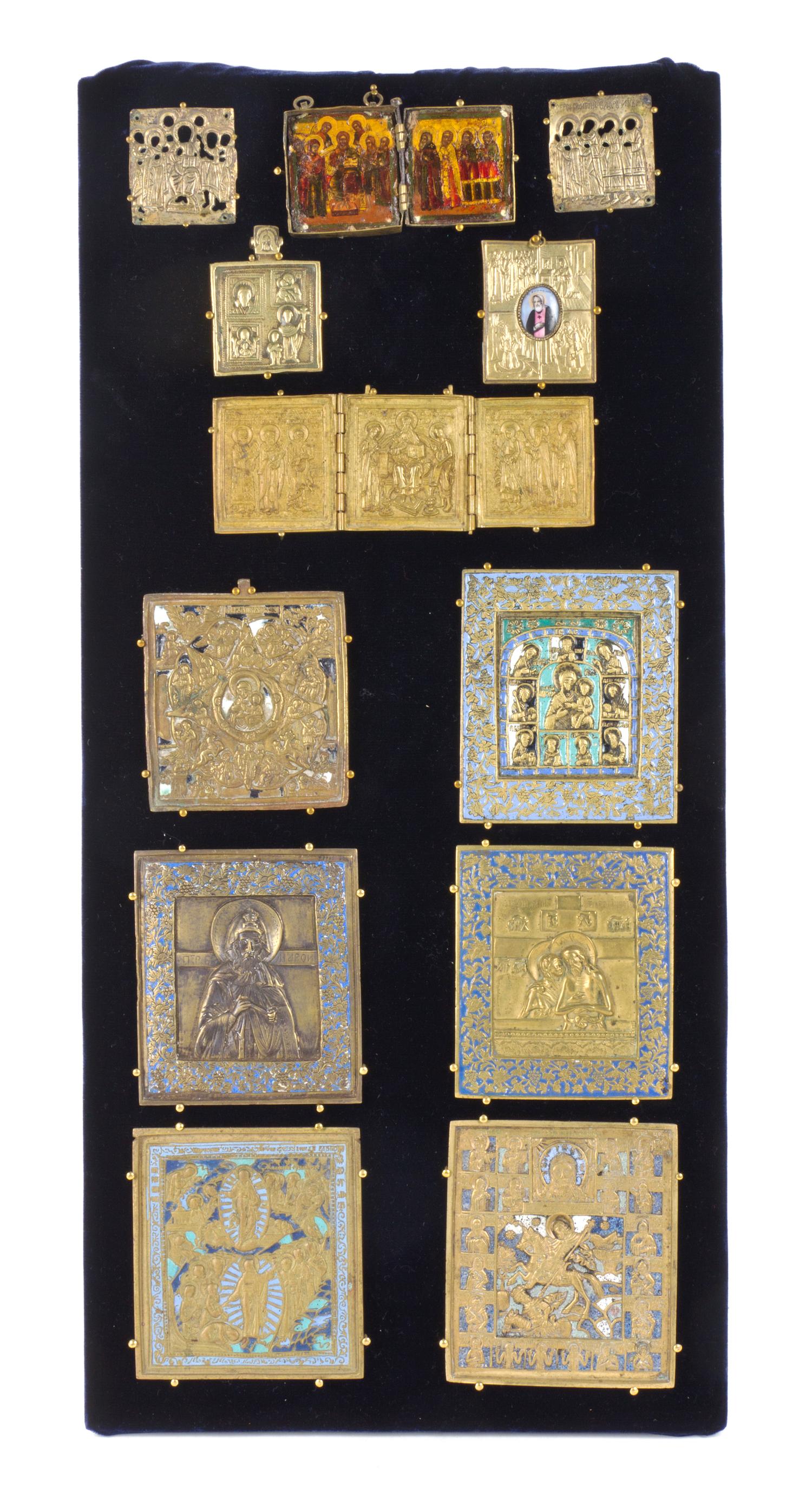 Ten Russian Polychrome Enameled Bronze Icons, 19TH CENTURY AND EARLIER, Height of panel 24 x width 11 1/4 inches. — 19TH CENTURY AND EARLIER,