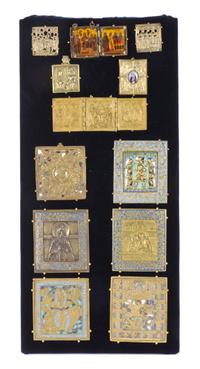 Ten Russian Polychrome Enameled Bronze Icons, 19TH CENTURY AND EARLIER, Height of panel 24 x width 11 1/4 inches. — 19TH CENTURY AND EARLIER,