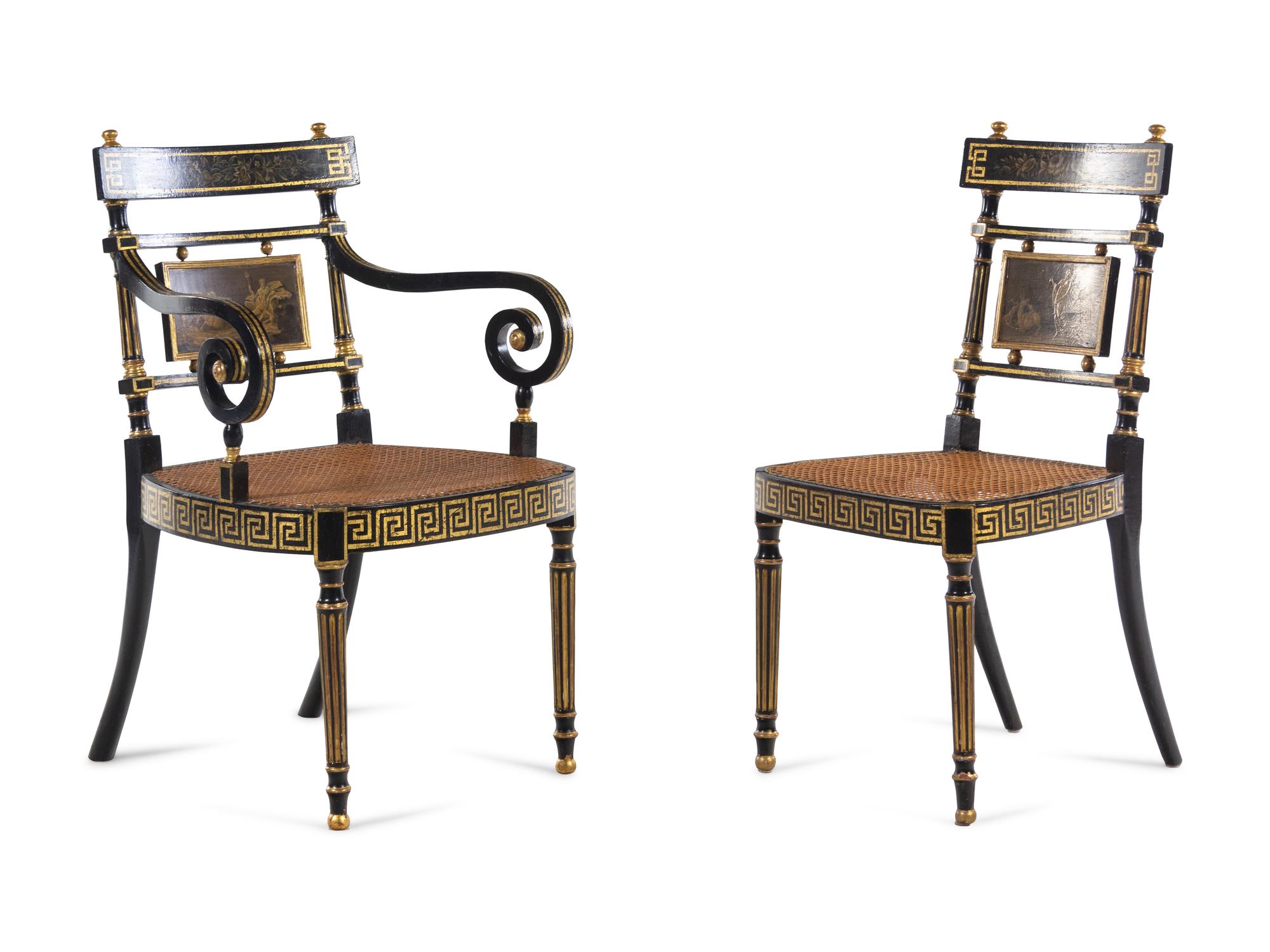 A Set of Six Regency Painted and Parcel Gilt Dining Chairs