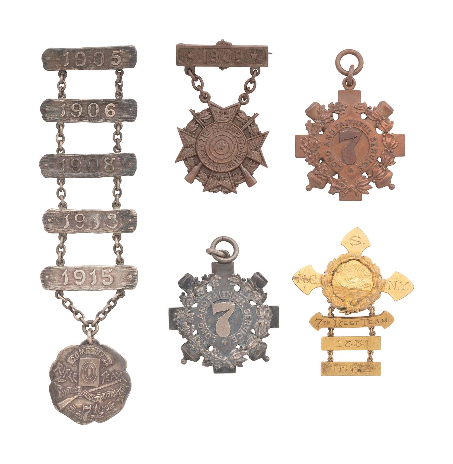 [MILITARIA]. 5 7th NY National Guard medals identified to W. and S. Bostwick, incl. Tiffany medals.