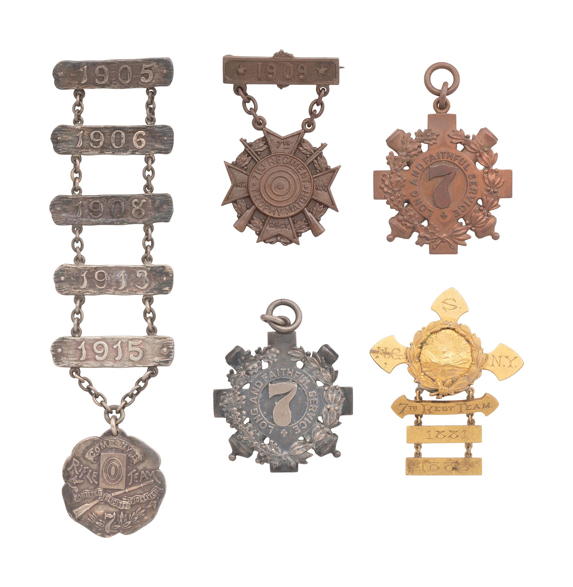 [MILITARIA]. 5 7th NY National Guard medals identified to W. and S. Bostwick, incl. Tiffany medals.
