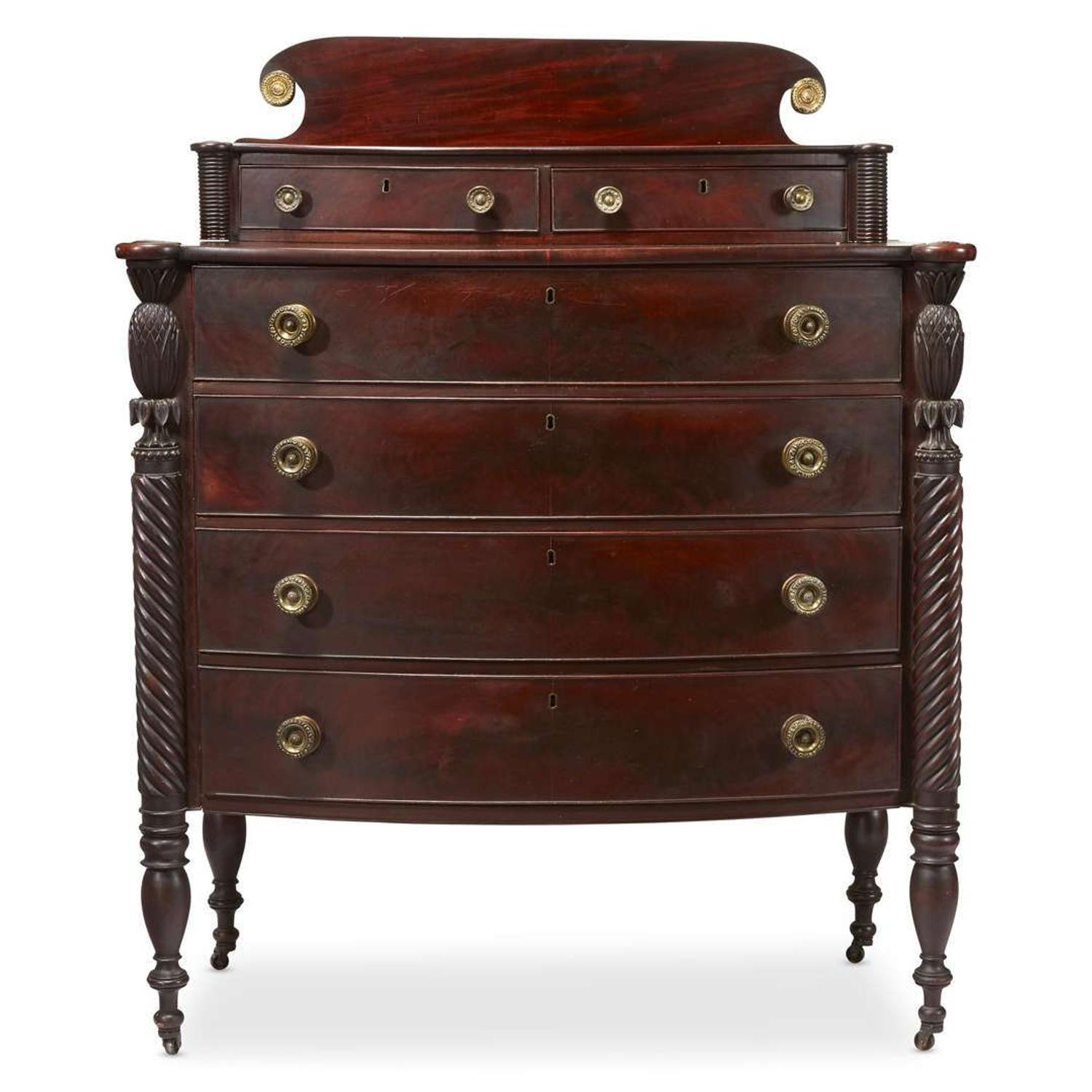 Federal carved mahogany bowfront chest of drawers New England, circa 1820