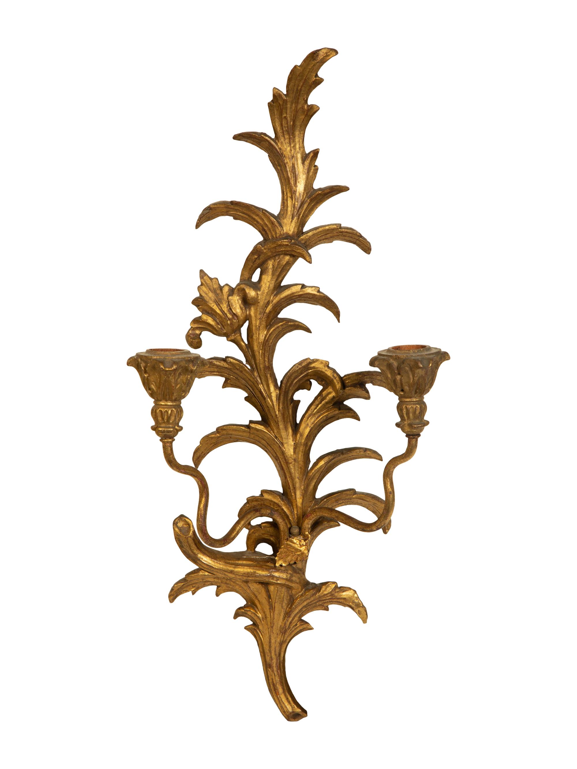 A Pair of Italian Carved Giltwood Two-Light Sconces