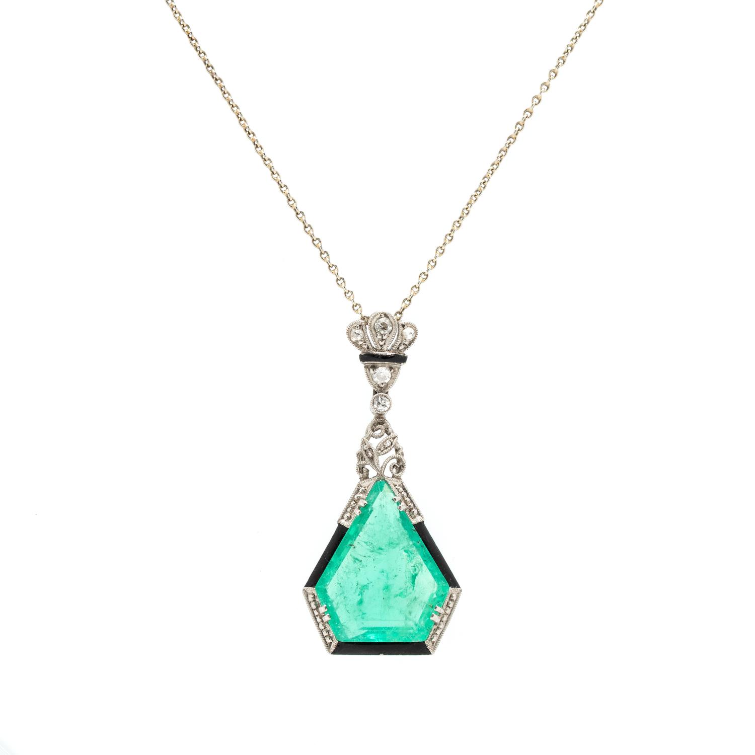 ART DECO, EMERALD, DIAMOND AND ENAMEL PENDANT