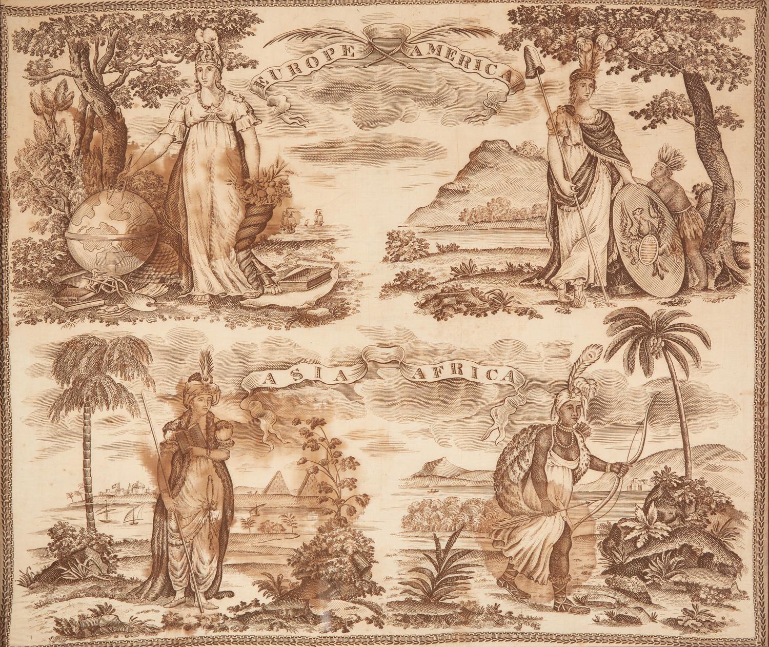 An English printed cotton handkerchief depicting the four continents, early 19th century