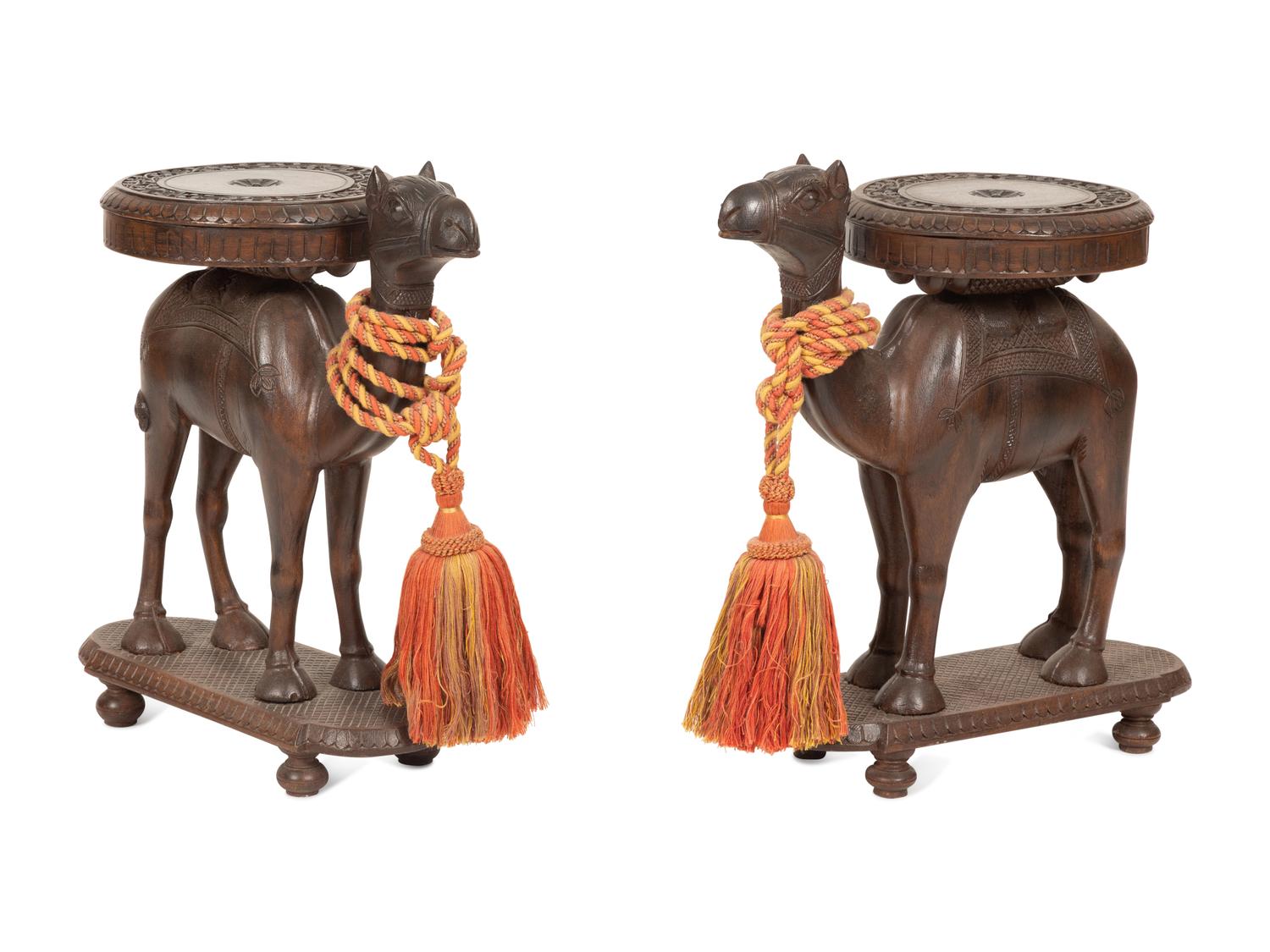 A Pair of Carved Wood Camel-Form Side Tables