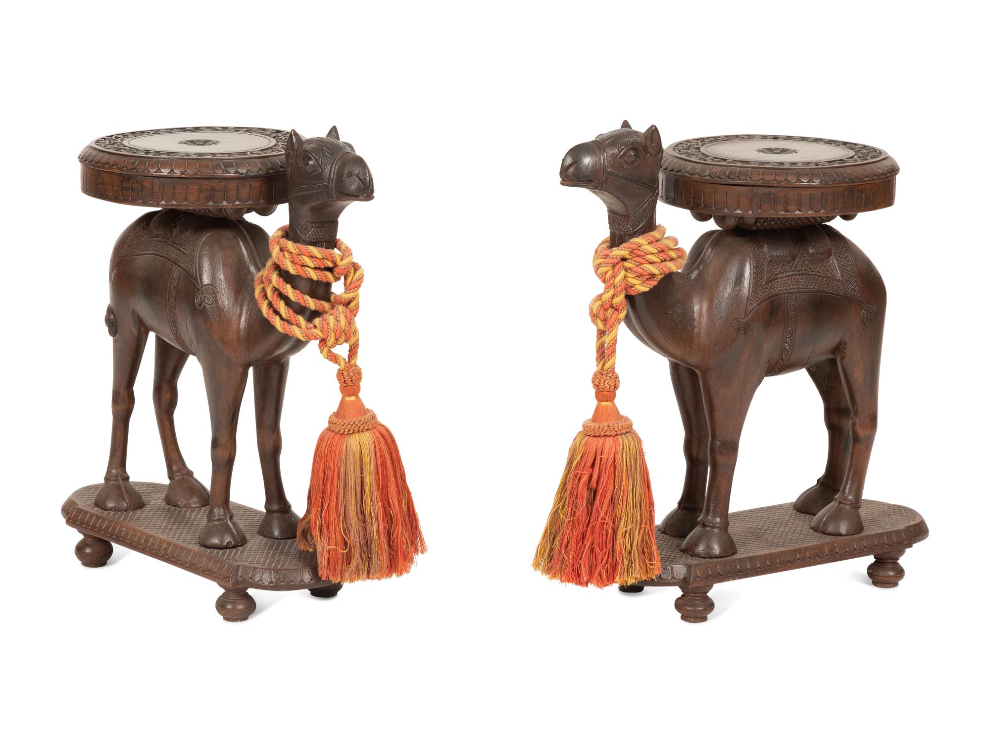 A Pair of Carved Wood Camel-Form Side Tables