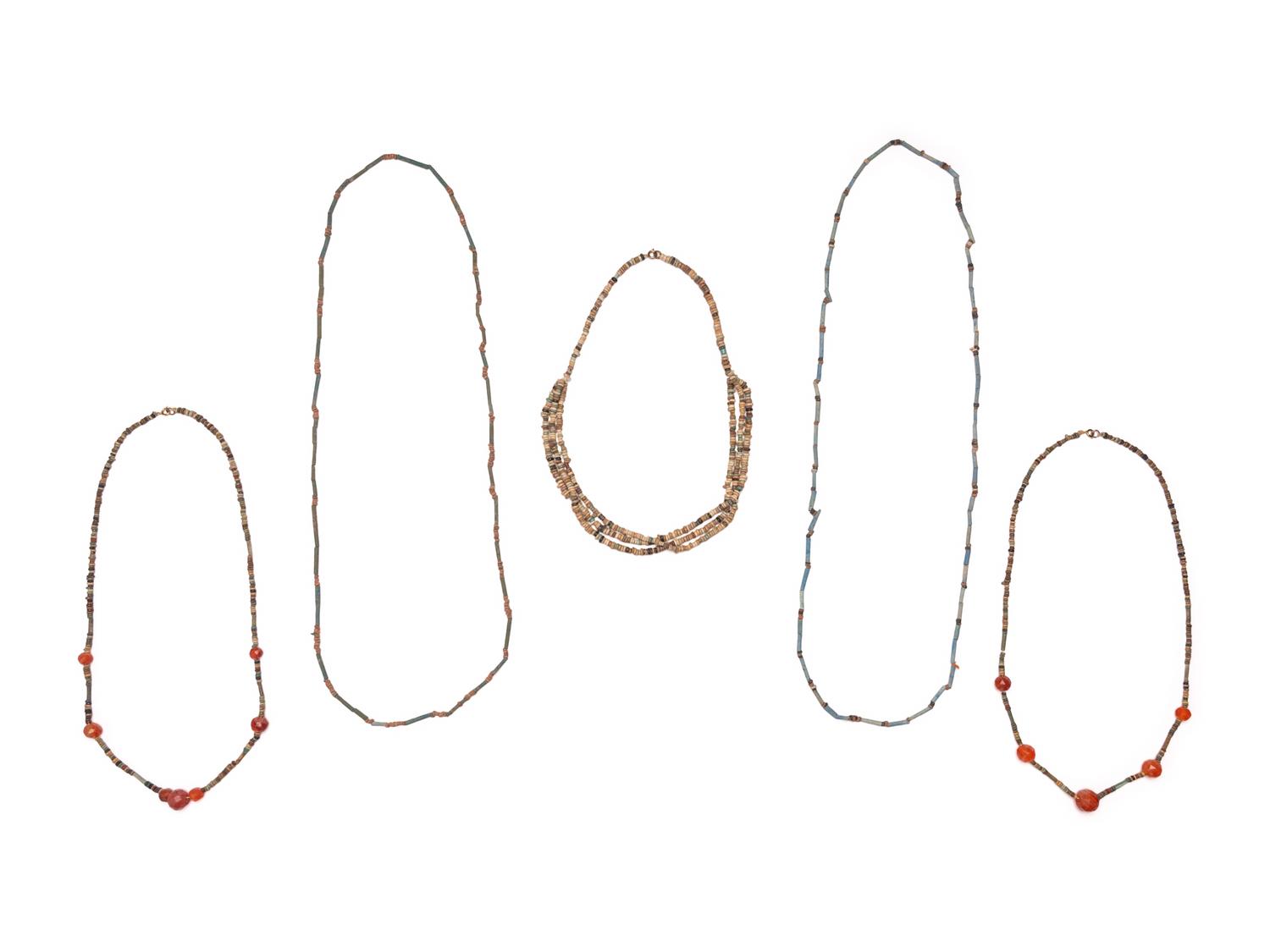 Five Egyptian Carnelian, Shell, and Ceramic Necklaces
