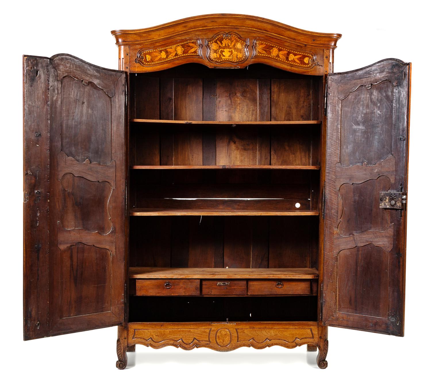 A Louis XV Provincial Style Marquetry Armoire Height 101 x width 58 x depth 26 inches. — LATE 18TH/EARLY 19TH CENTURY