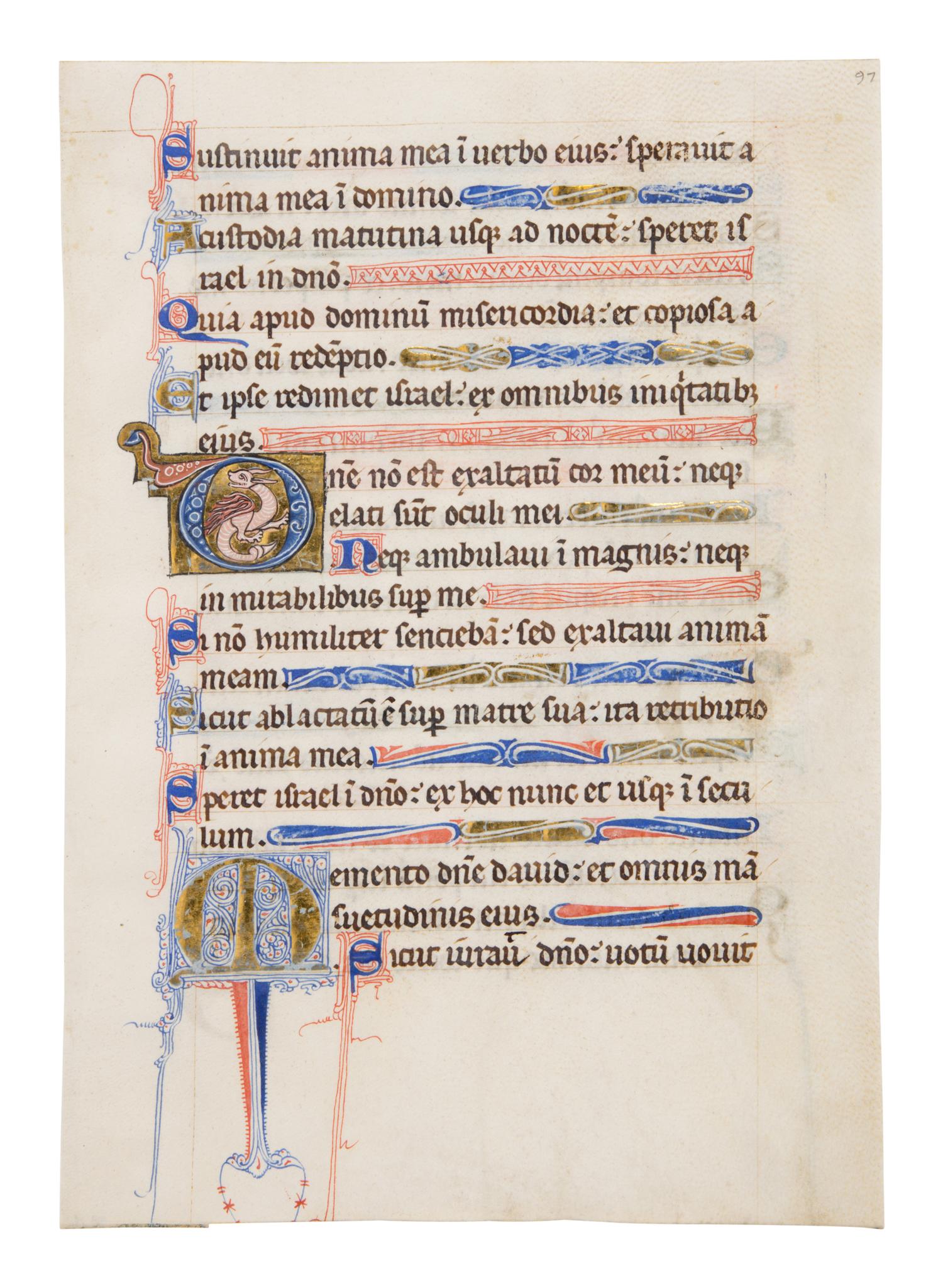 NORTHERN FRENCH ILLUMINATOR Leaf from a Psalter with an inhabited initial ‘D’ from the beginning of Psalm 130, and a decorated initial ‘M’, in Latin, illuminated manuscript on parchment [France or Paris, c. 1200-1250]