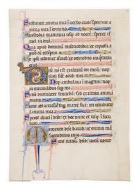 NORTHERN FRENCH ILLUMINATOR Leaf from a Psalter with an inhabited initial ‘D’ from the beginning of Psalm 130, and a decorated initial ‘M’, in Latin, illuminated manuscript on parchment [France or Paris, c. 1200-1250]