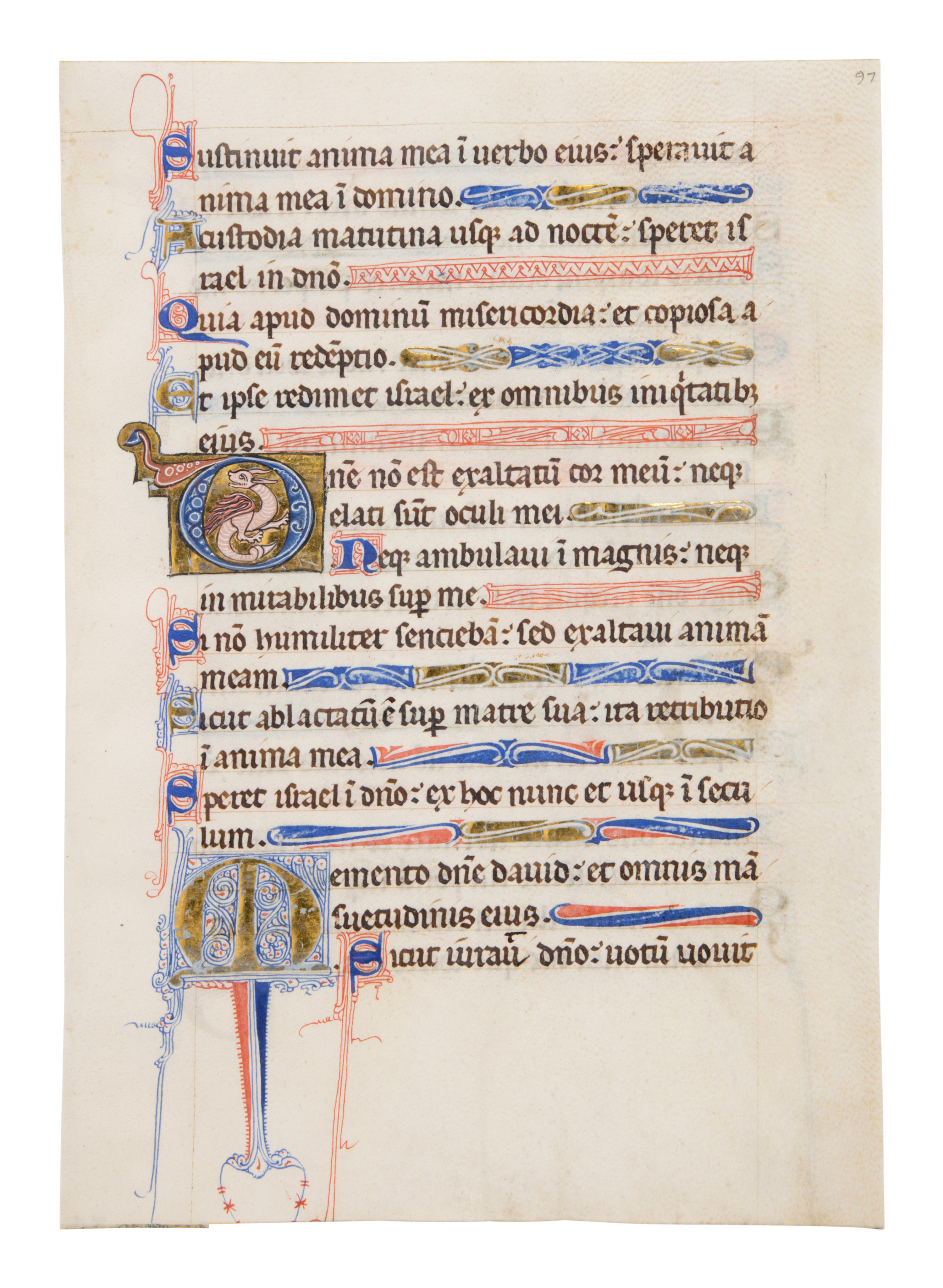 NORTHERN FRENCH ILLUMINATOR Leaf from a Psalter with an inhabited initial ‘D’ from the beginning of Psalm 130, and a decorated initial ‘M’, in Latin, illuminated manuscript on parchment [France or Paris, c. 1200-1250]