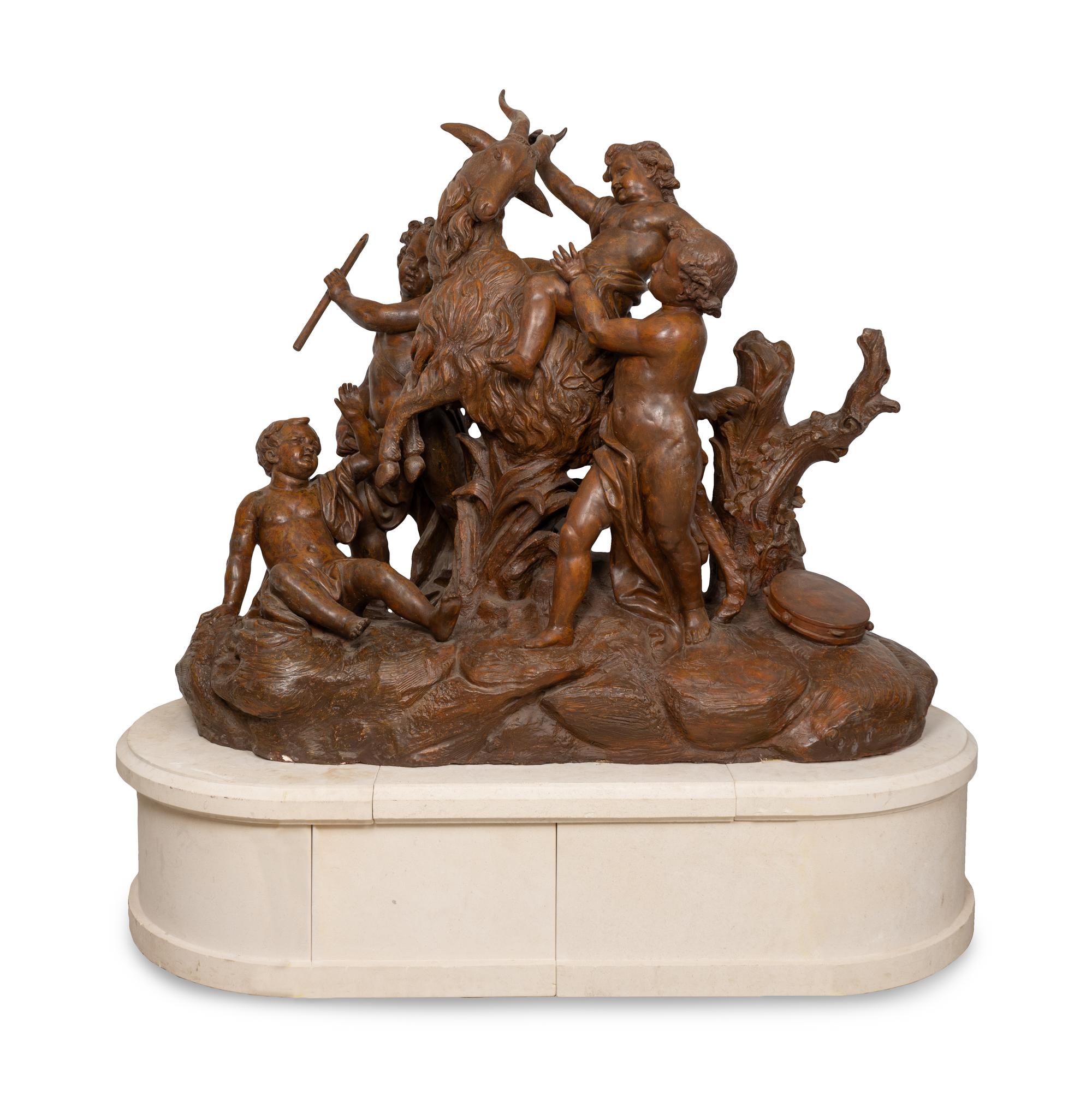 An Important Monumental Terracotta Group by Maison Gossin Frères Depicting Bacchanal Putti with Goat
