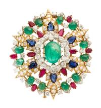 An 18 Karat Yellow Gold, Platinum, Emerald, Ruby, Sapphire and Diamond Pendant/Brooch, David Webb, Circa 1960, 33.10 dwts.