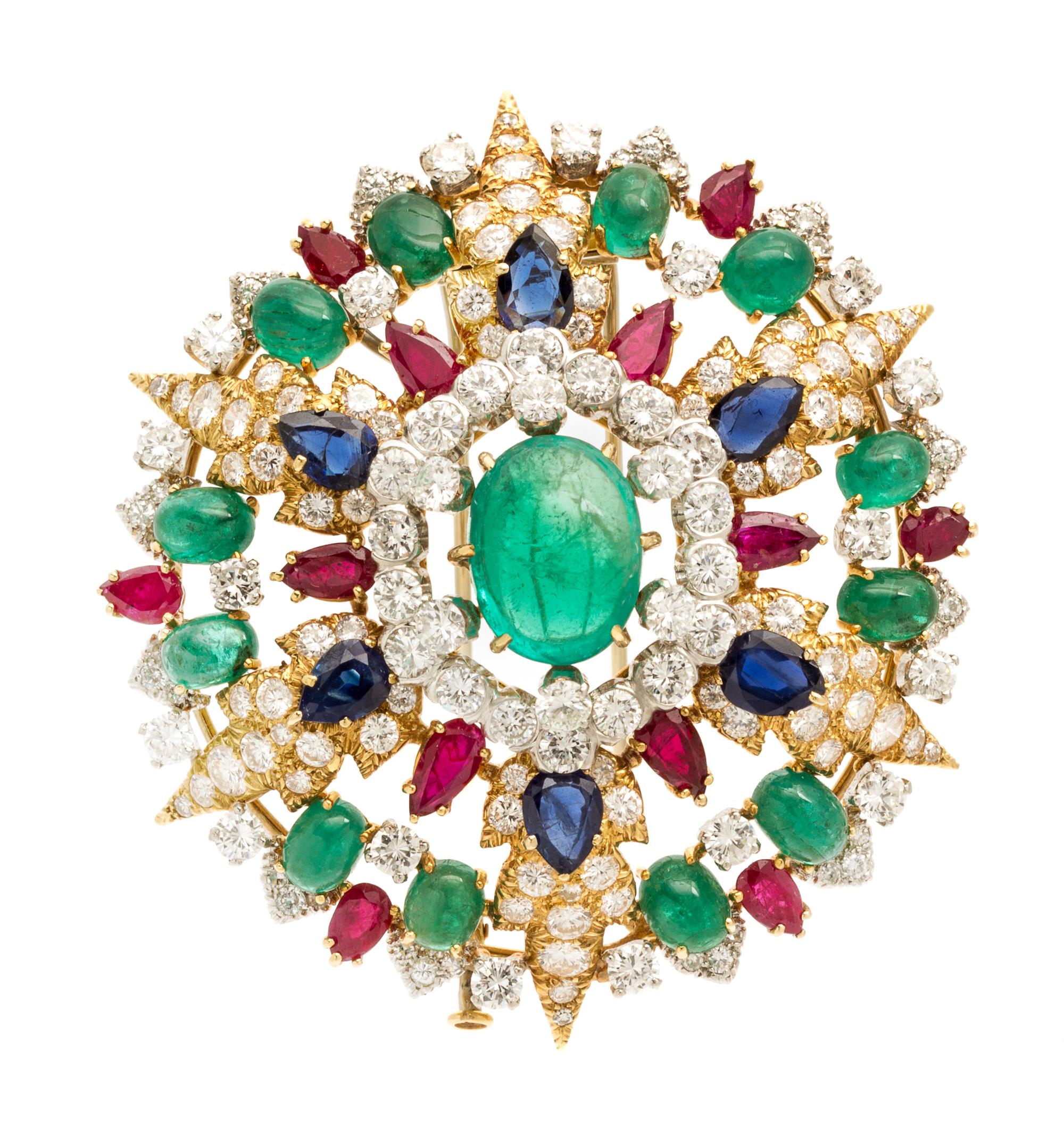 An 18 Karat Yellow Gold, Platinum, Emerald, Ruby, Sapphire and Diamond Pendant/Brooch, David Webb, Circa 1960, 33.10 dwts.