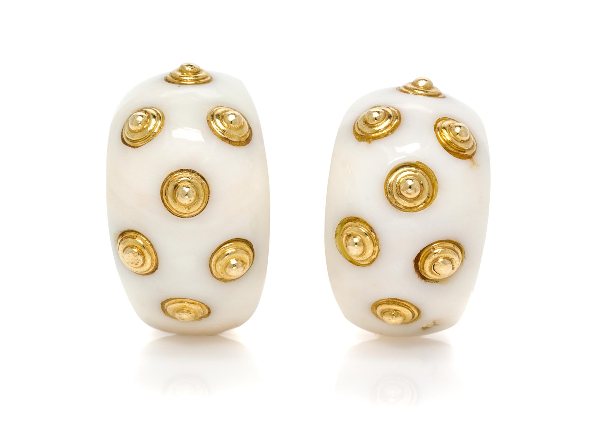 A Pair of 18 Karat Yellow Gold and White Coral Earclips, Van Cleef & Arpels, 18.40 dwts.