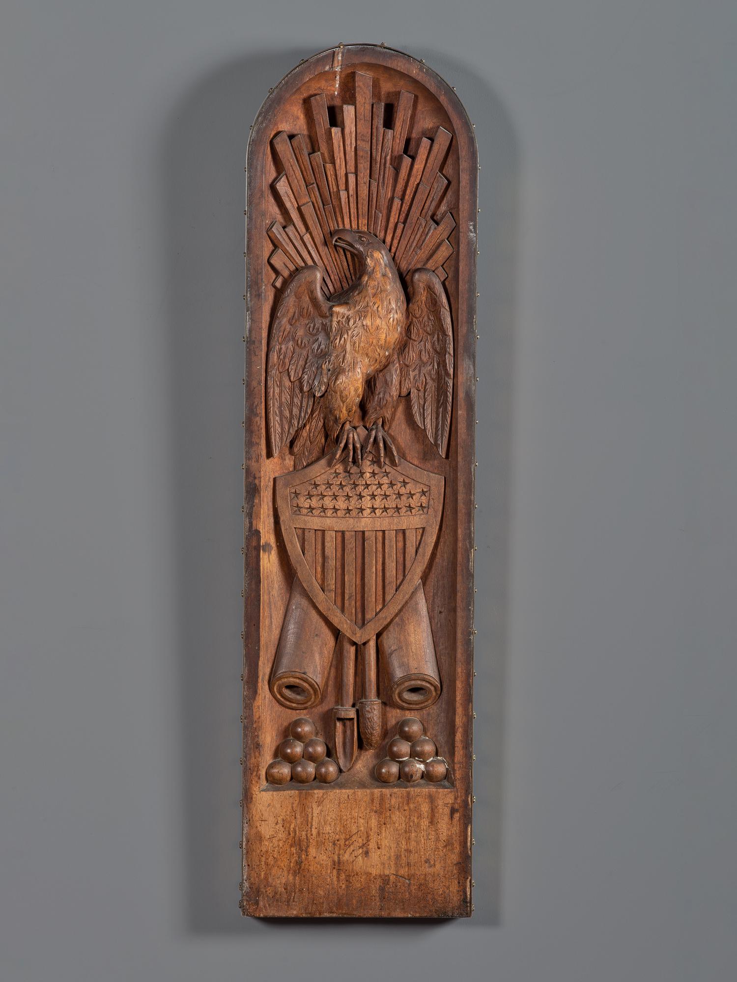A USS Tallapoosa Eagle, Shield and Cannon Carved, Brass-Mounted Walnut Gangway Board