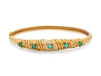 A 14 Karat Yellow Gold, Emerald and Diamond Bangle Bracelet,