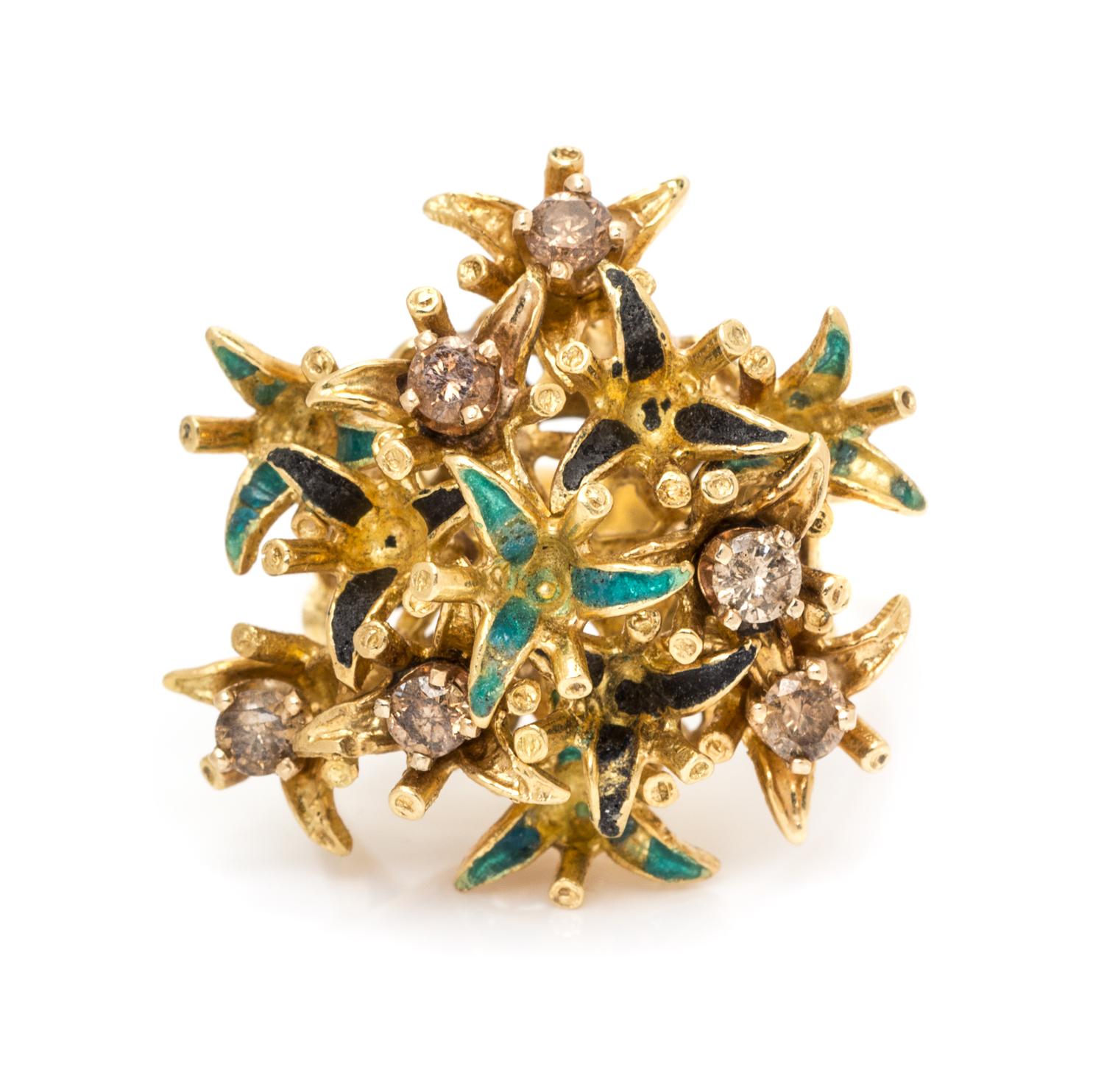 A Yellow Gold, Colored Diamond and Polychrome Enamel Ring, 7.80 dwts.